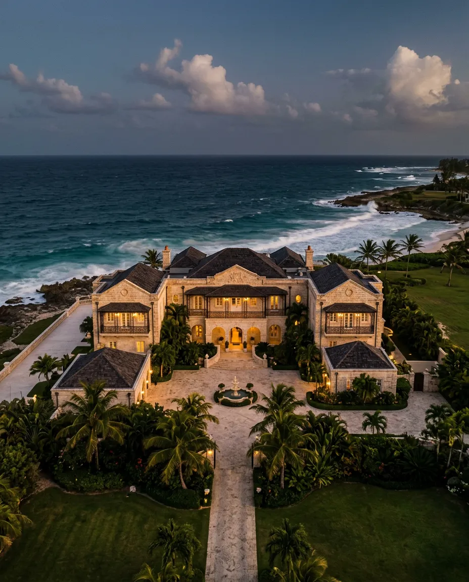 Coastal Barbados luxury estate exterior meeting the Atlantic ocean shore