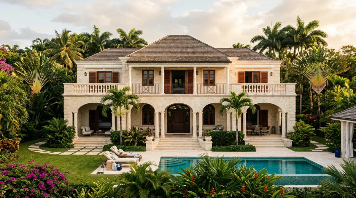 Luxurious Caribbean residential villa with restored coral stone finish and immaculate exterior