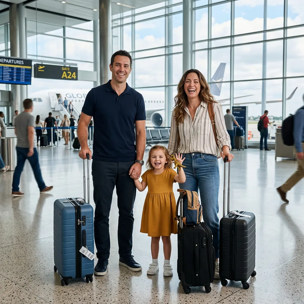 Family of three at an airport with luggage, looking happy and excited.