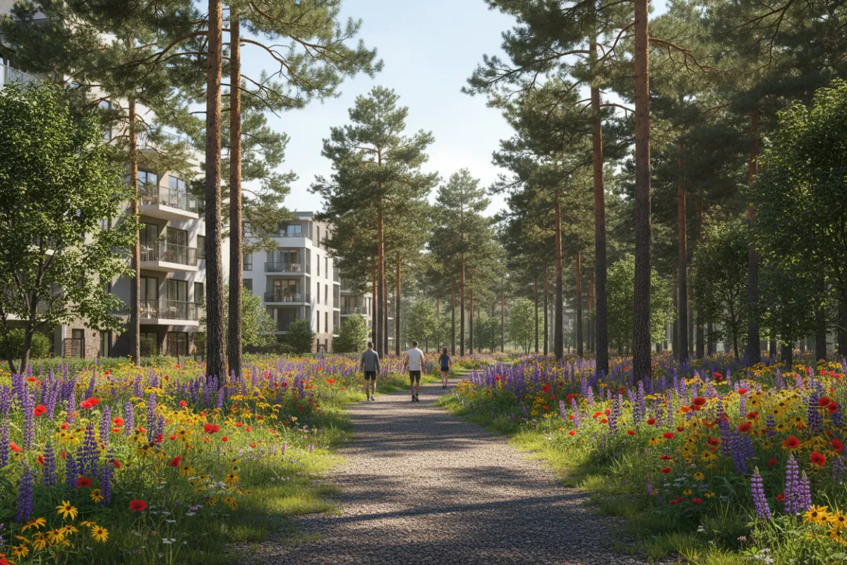 Shaded neighborhood trail along the Luther Forest edge with tall pines and filtered light.