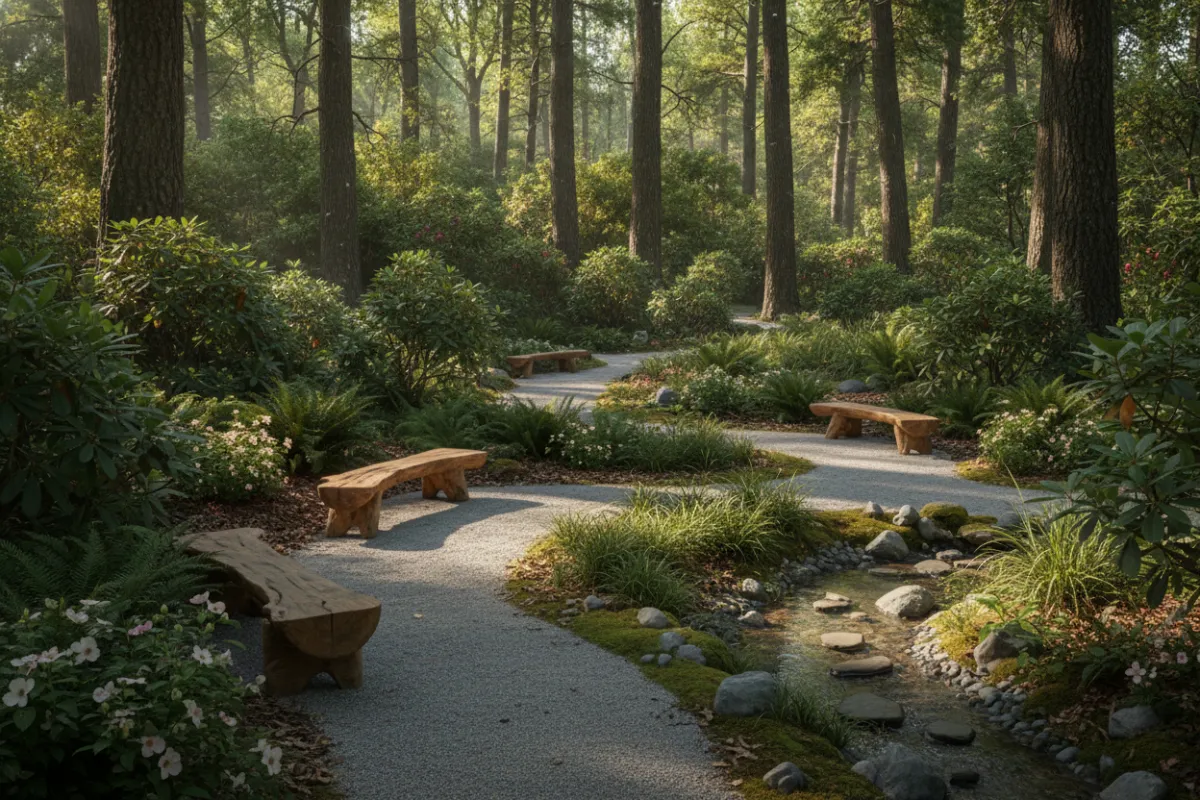 A woodland-inspired garden with winding gravel paths, clusters of native plants, and sculptural wooden benches. The area is shaded by tall trees, with dappled sunlight and a tranquil, immersive atmosphere that encourages quiet reflection and connection to nature.