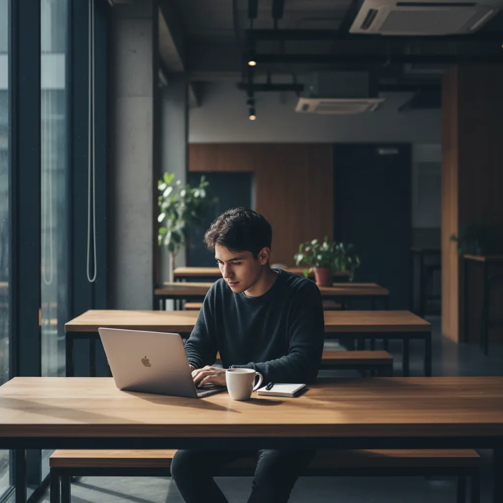 Resident working at a communal table with laptop and coffee, modern co-working vibe