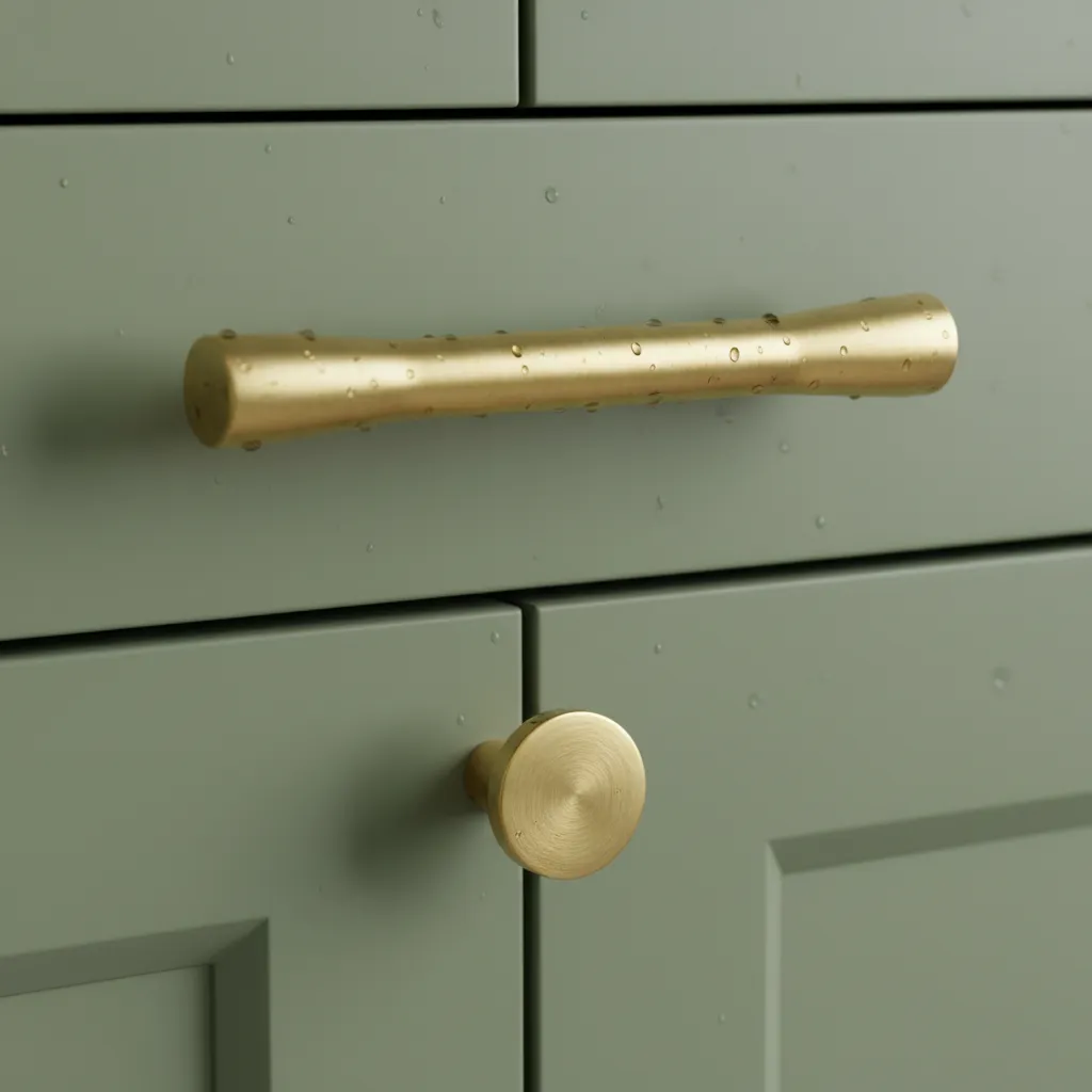 A detailed shot of brushed brass hardware mounted on a matte green cabinet door. The metallic finish catches the light, contrasting beautifully with the soft, muted green, and exemplifies the blend of industrial and natural design elements.