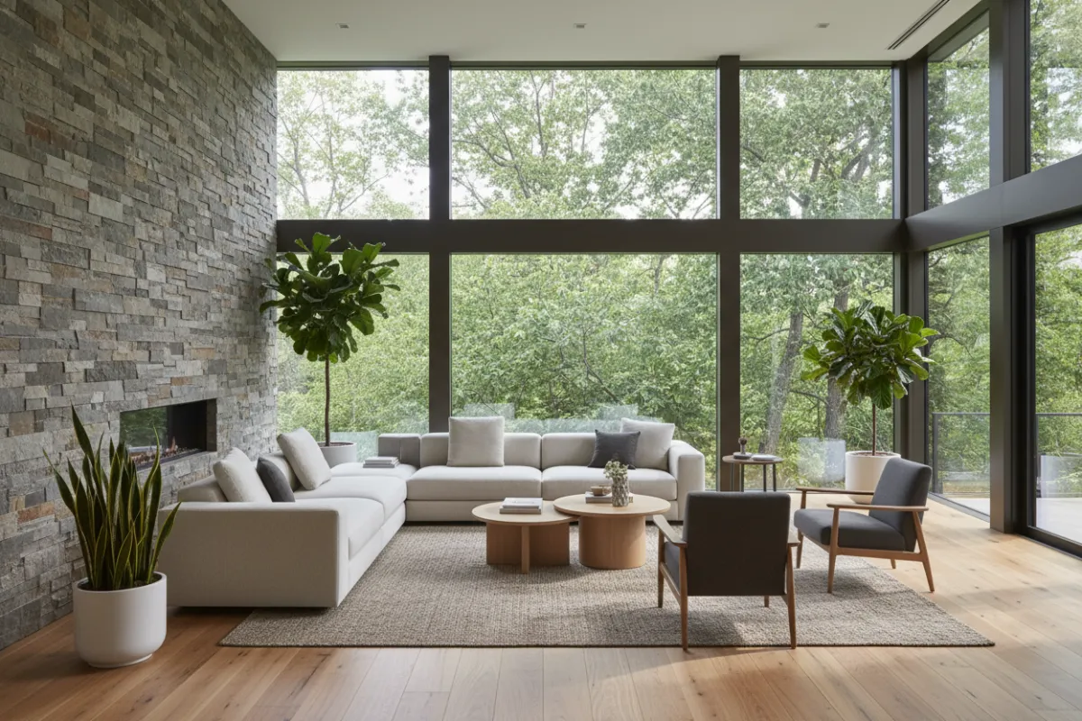 Open-concept living room with large windows, natural wood floors, a stone accent wall, and modern furniture in neutral tones. Lush greenery is visible outside, and warm sunlight fills the space, highlighting the blend of comfort and sophistication.
