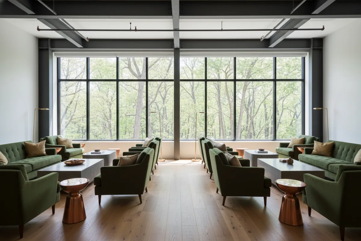 Sunlit lounge with industrial beams, velvet seating, and large windows overlooking woodland.