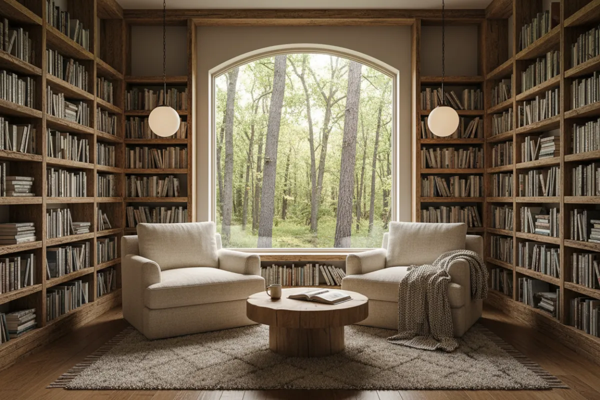Cozy library nook with reclaimed wood shelves, soft lighting, and forest views.
