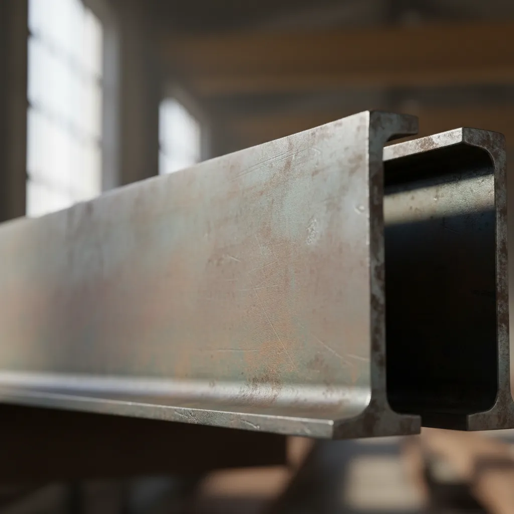 A macro view of an industrial steel beam with a soft patina, illuminated by natural light. The surface shows subtle wear, blending strength and character, and represents the refined industrial aesthetic of Forest + Foundry.