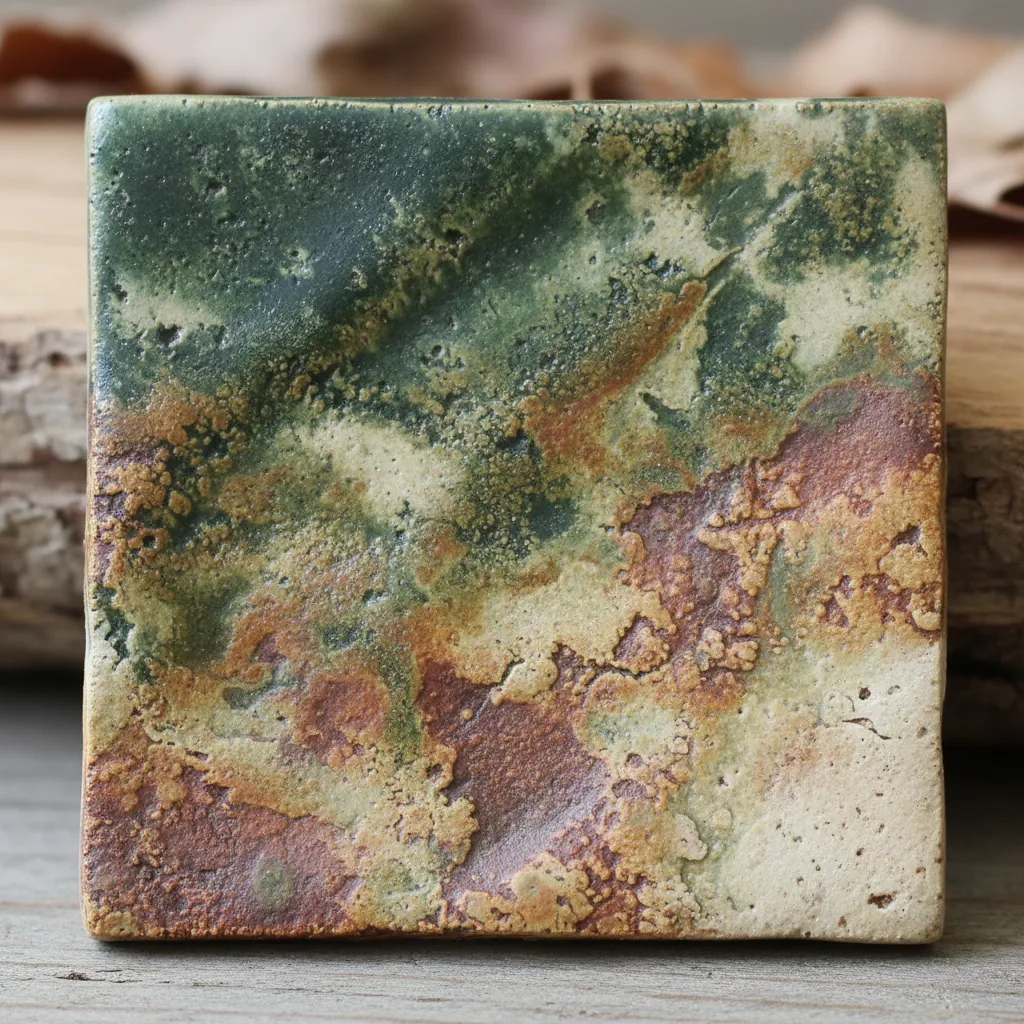 A handcrafted ceramic tile in earthy, woodland-inspired hues of green, brown, and cream. The tile’s surface is slightly irregular, with a matte finish, showcasing the artisanal craftsmanship and natural palette central to the community’s design.