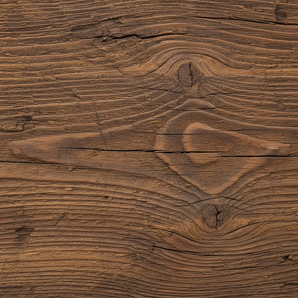 A close-up of a reclaimed wood panel, highlighting its rich grain, warm brown tones, and subtle imperfections. The texture is tactile and organic, reflecting the natural materials used throughout the community’s interiors and communal spaces.