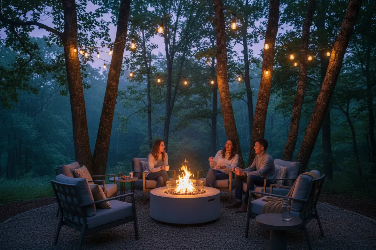 Evening view of an outdoor fire pit lounge surrounded by contemporary seating, soft string lights, and mature trees. A small group of friends enjoys conversation, with the warm glow contrasting the cool forest backdrop.