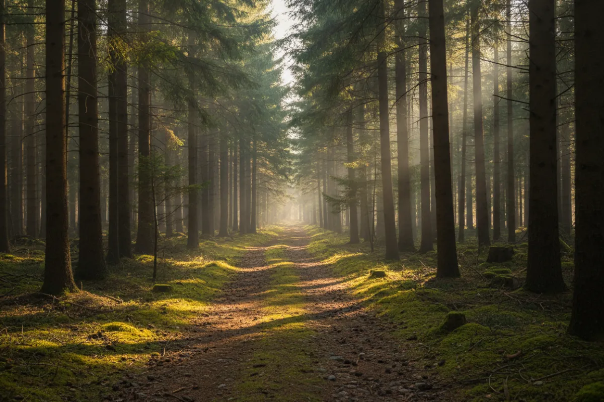 Sun-dappled forest path winding through tall pines, with filtered light creating a mosaic on the ground. The scene is tranquil, inviting, and evokes a sense of discovery and connection to nature.