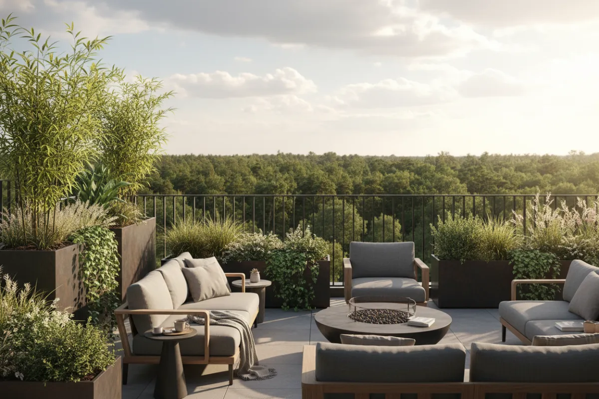 A rooftop terrace with large planters filled with greenery, sleek industrial railings, and panoramic views of the surrounding woodland. The terrace includes comfortable seating and is bathed in natural light, offering a peaceful retreat above the trees.