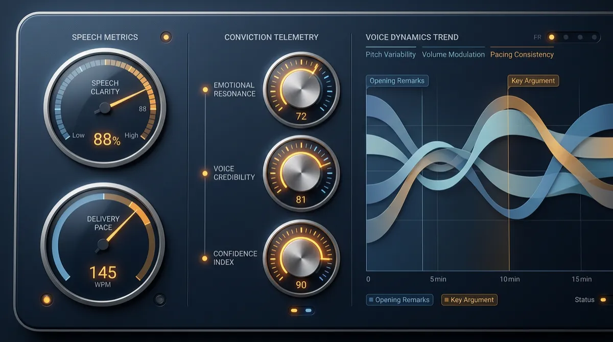 Executive performance refinement dashboard displaying calibrated speech metrics and conviction telemetry