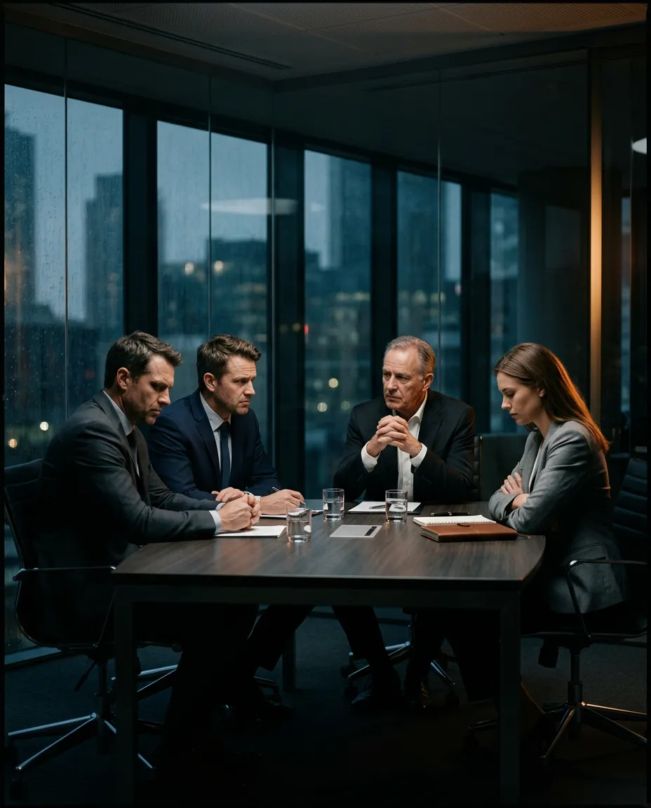 Desaturated high-contrast photo of corporate executives seated in tense silence during an executive boardroom meeting