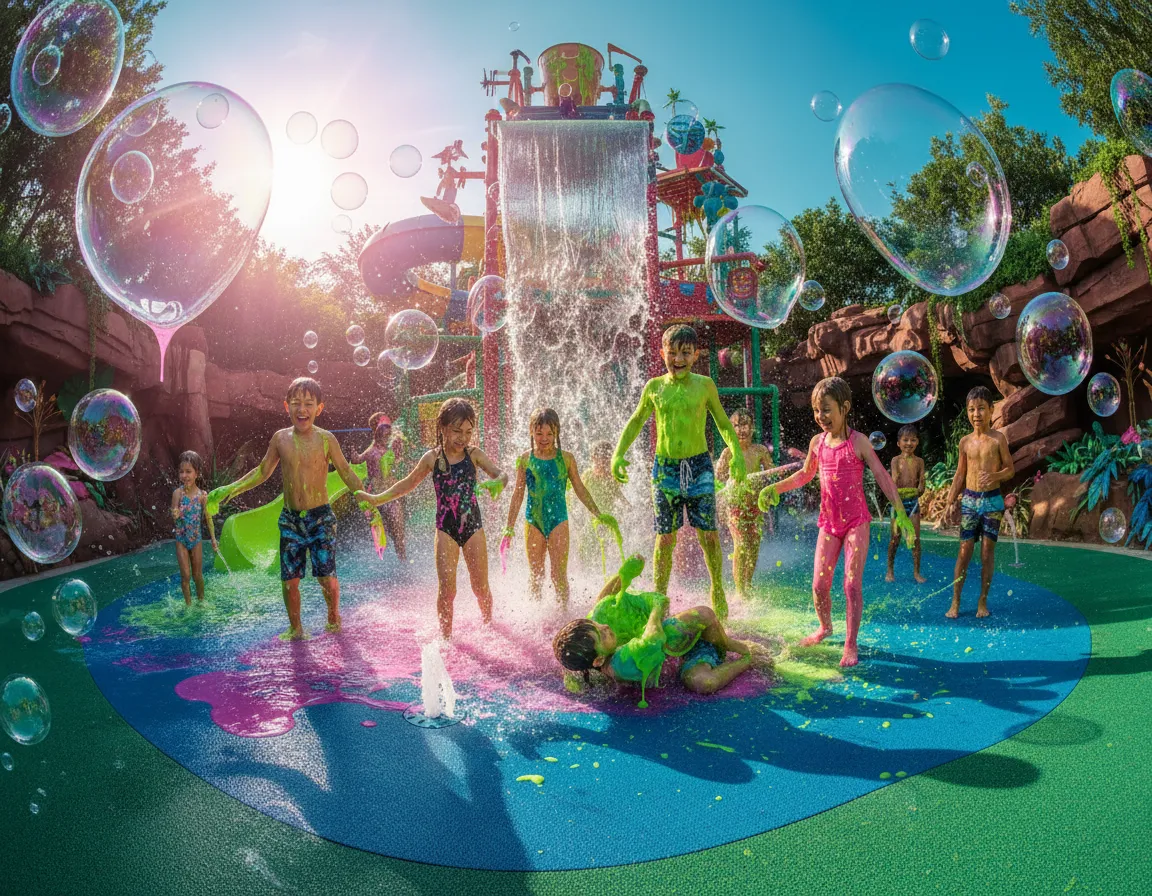 Niños disfrutando de juegos acuáticos y slime