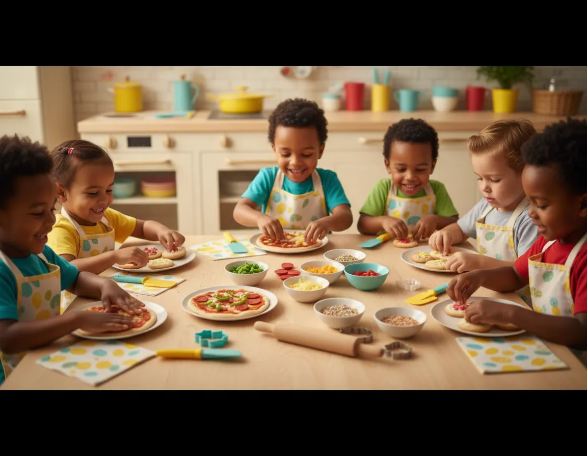 Niños cocinando y preparando alimentos en la semana Mini Chef