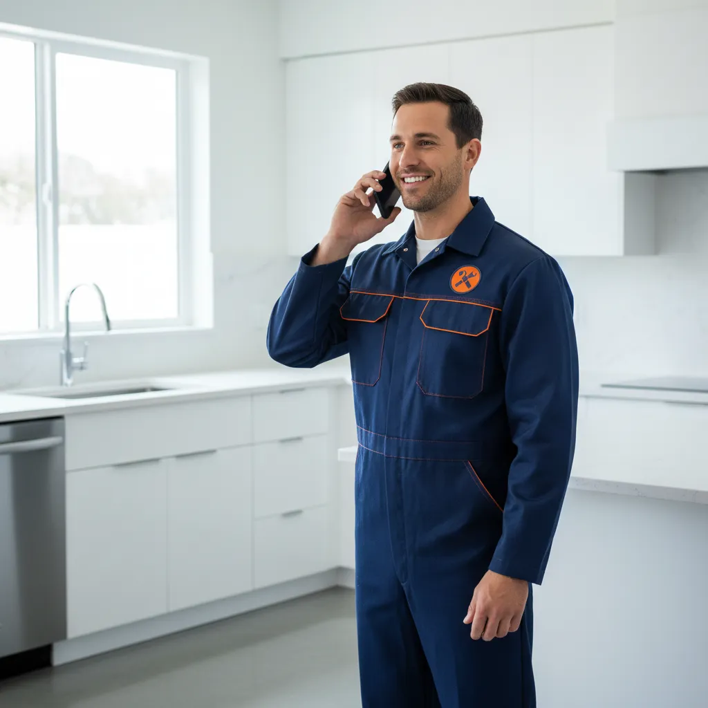 Professional plumber answering a lead call on his phone