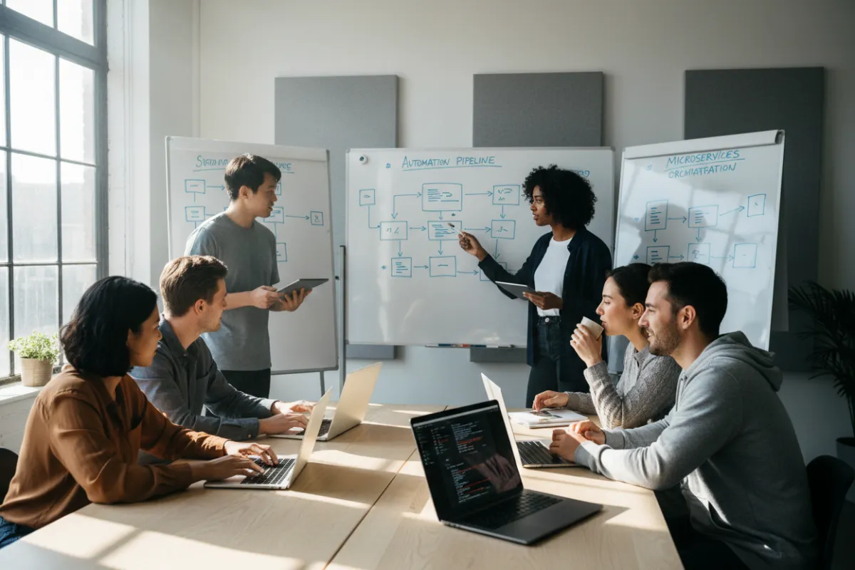 A diverse team of software engineers collaborating in a bright workspace, surrounded by whiteboards filled with automation diagrams and laptops displaying code. The group is engaged in problem-solving, reflecting teamwork and technical expertise.