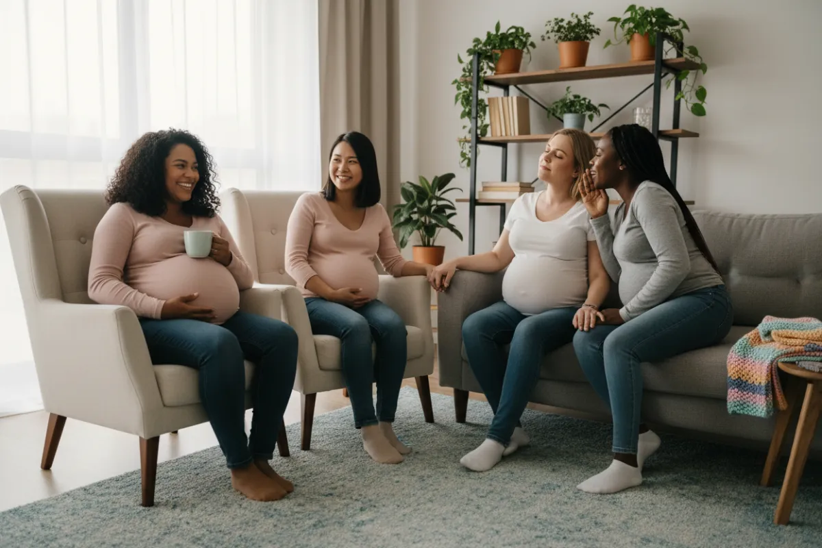 A diverse group of expectant mothers in a cozy living room, each showing a different pregnancy stage, sharing supportive smiles and gentle conversation. The background features soft, calming decor and natural light.