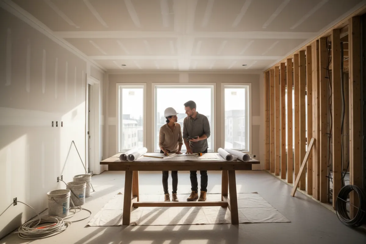 Modern Calgary home interior mid-renovation with open floor plan and planning documents on a table; a diverse couple discusses plans.