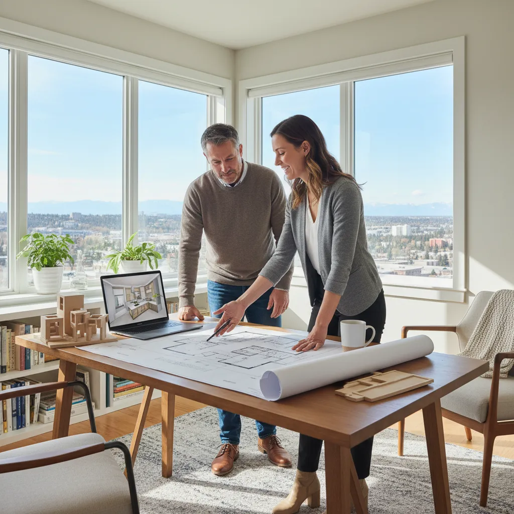 A consultant and homeowner reviewing exterior renovation plans together in a bright home office.