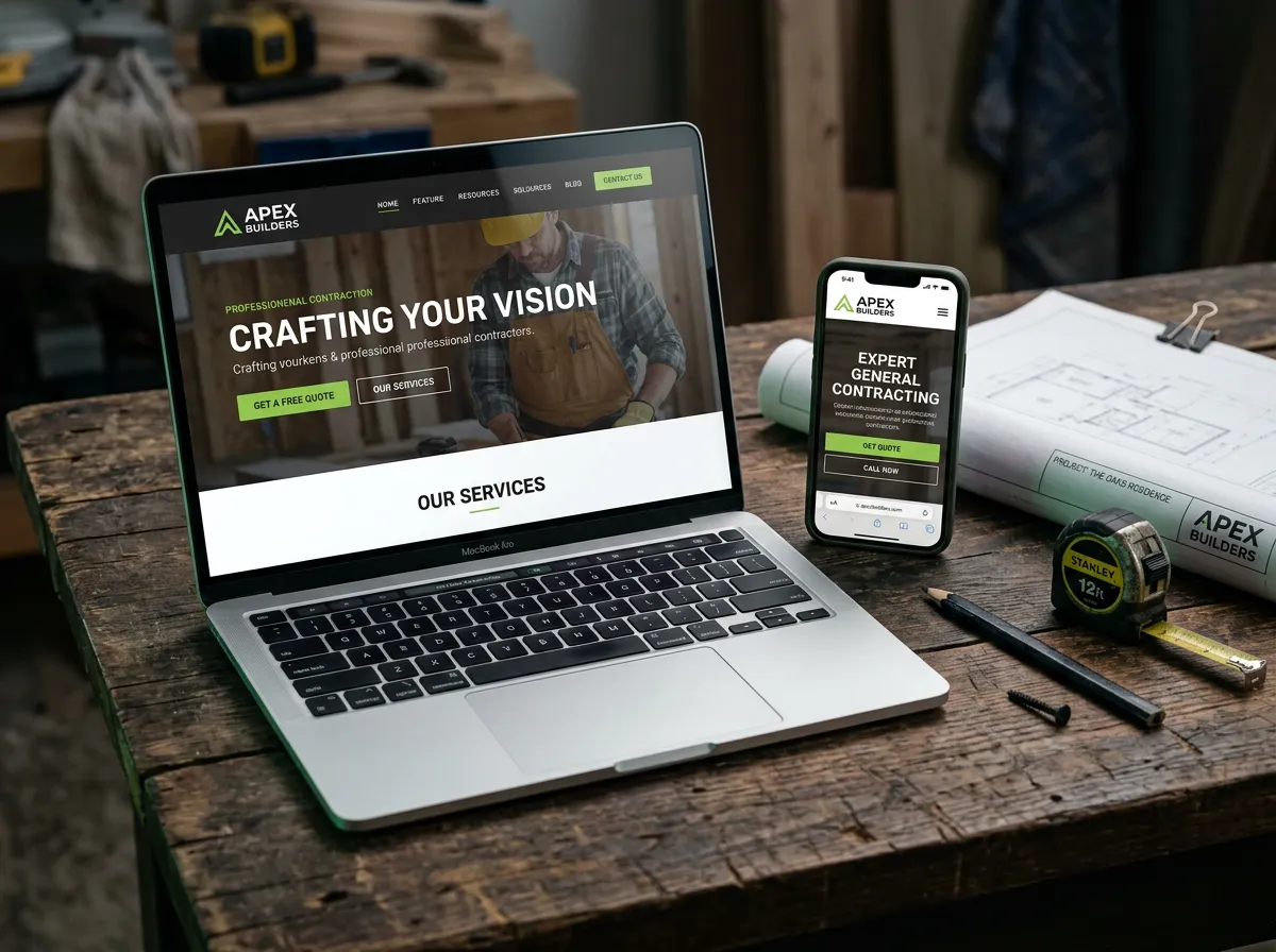 Modern contractor website showcase mockup rendered on a sleek laptop and mobile smartphone screen