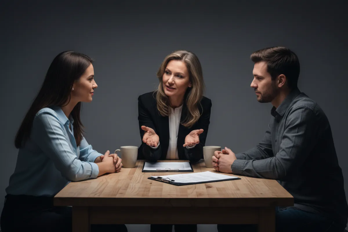 Advisor explaining policy options to a couple at a table, conveying clarity and protection.