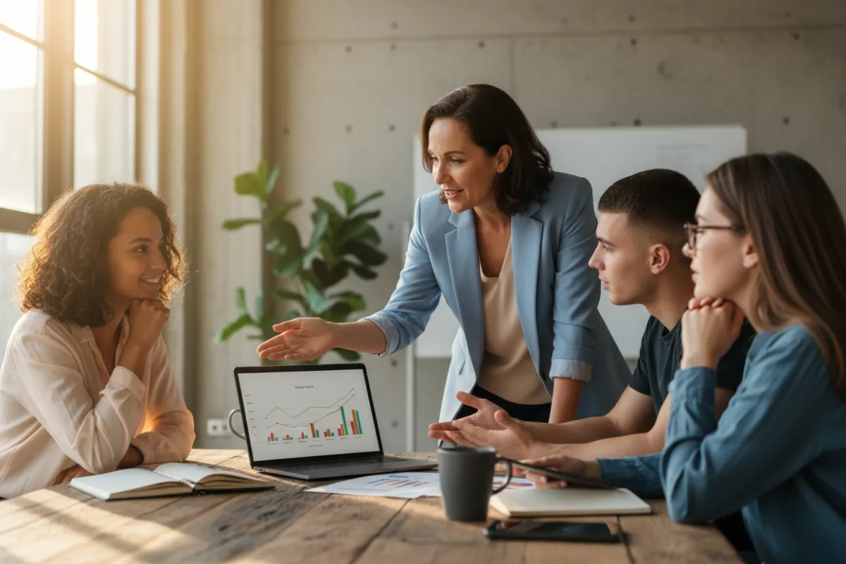 Facilitator coaching a small team in a modern studio, practical learning and leadership transfer.