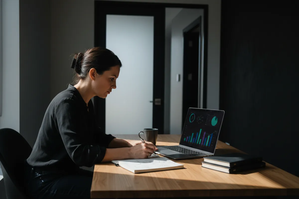 Small business owner reviewing cashflow charts on a laptop at a bright desk, practical and focused atmosphere.