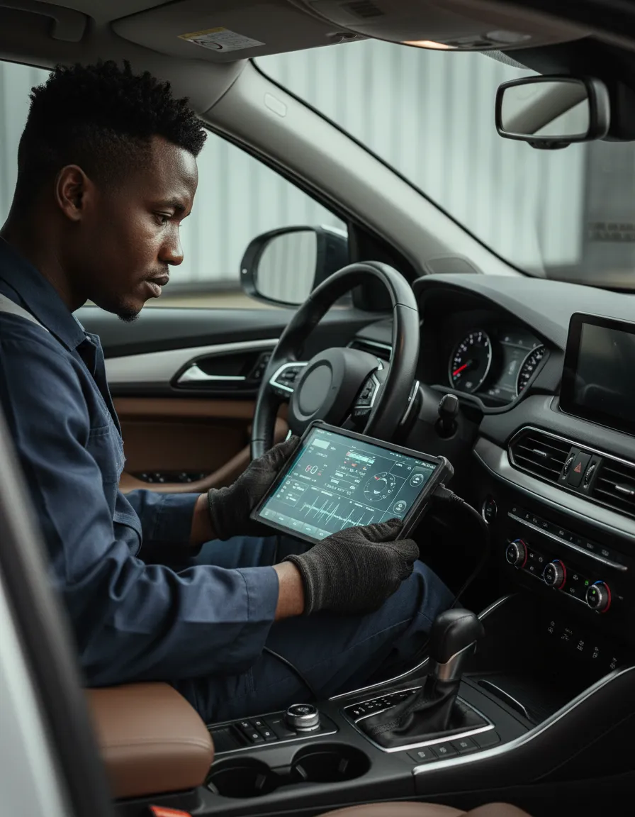 Car diagnostics scan tool connected to vehicle