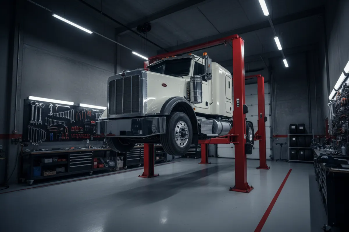 Truck on hoist in MS Auto & Truck Repair workshop