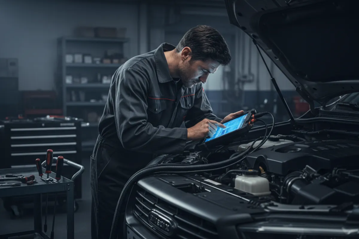 Mechanic working on engine diagnostics