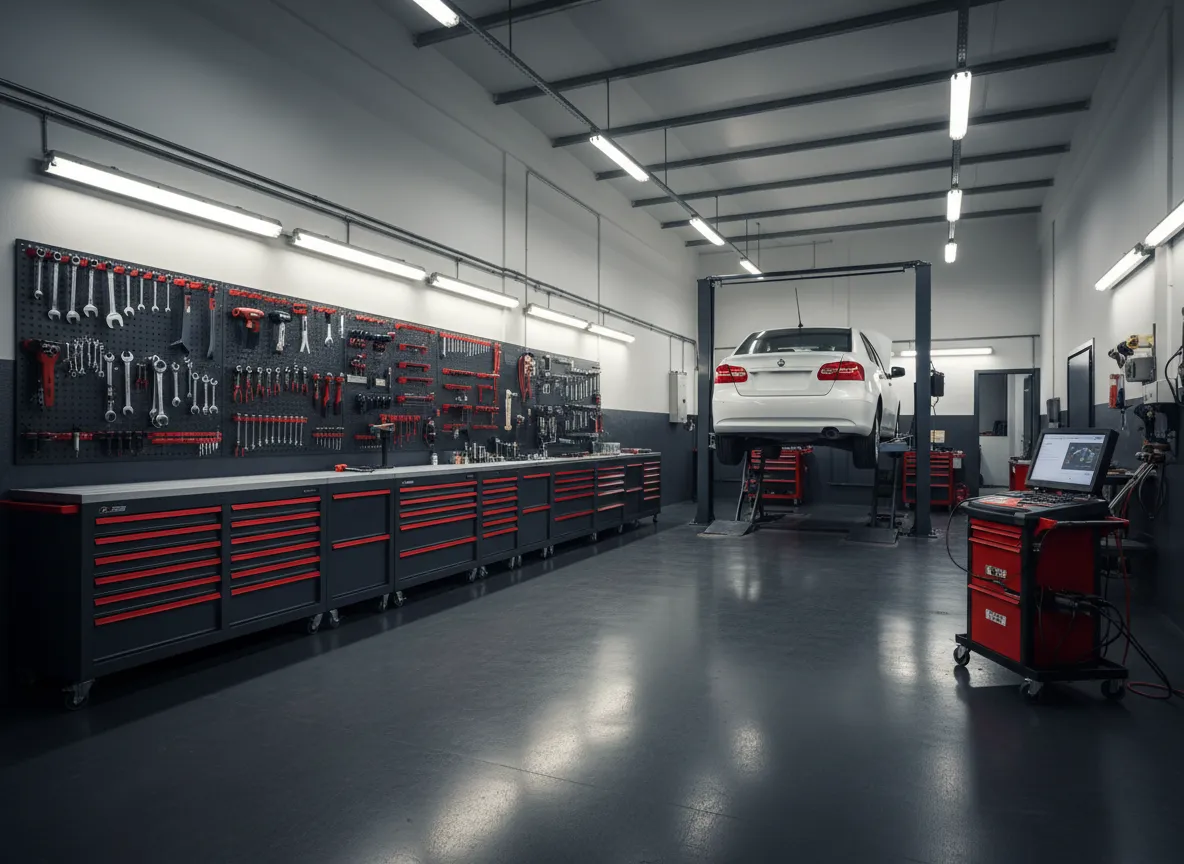 Workshop view showing tools and vehicle service bay