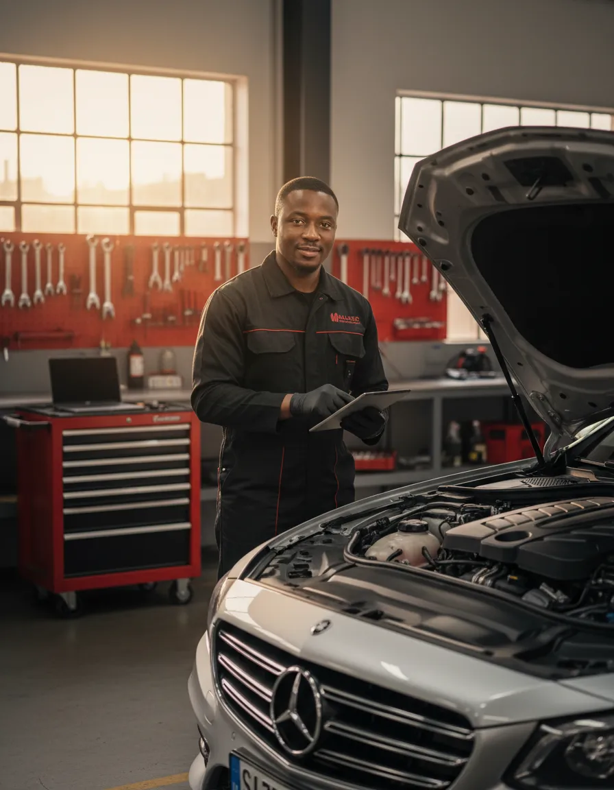 Mechanic inspecting car engine at Malundo Car Repair Services in Lichtenburg