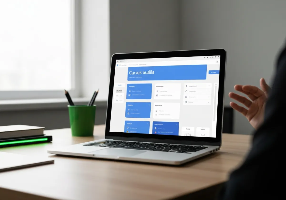 Dashboard UI mockup on a modern laptop showing course tools
