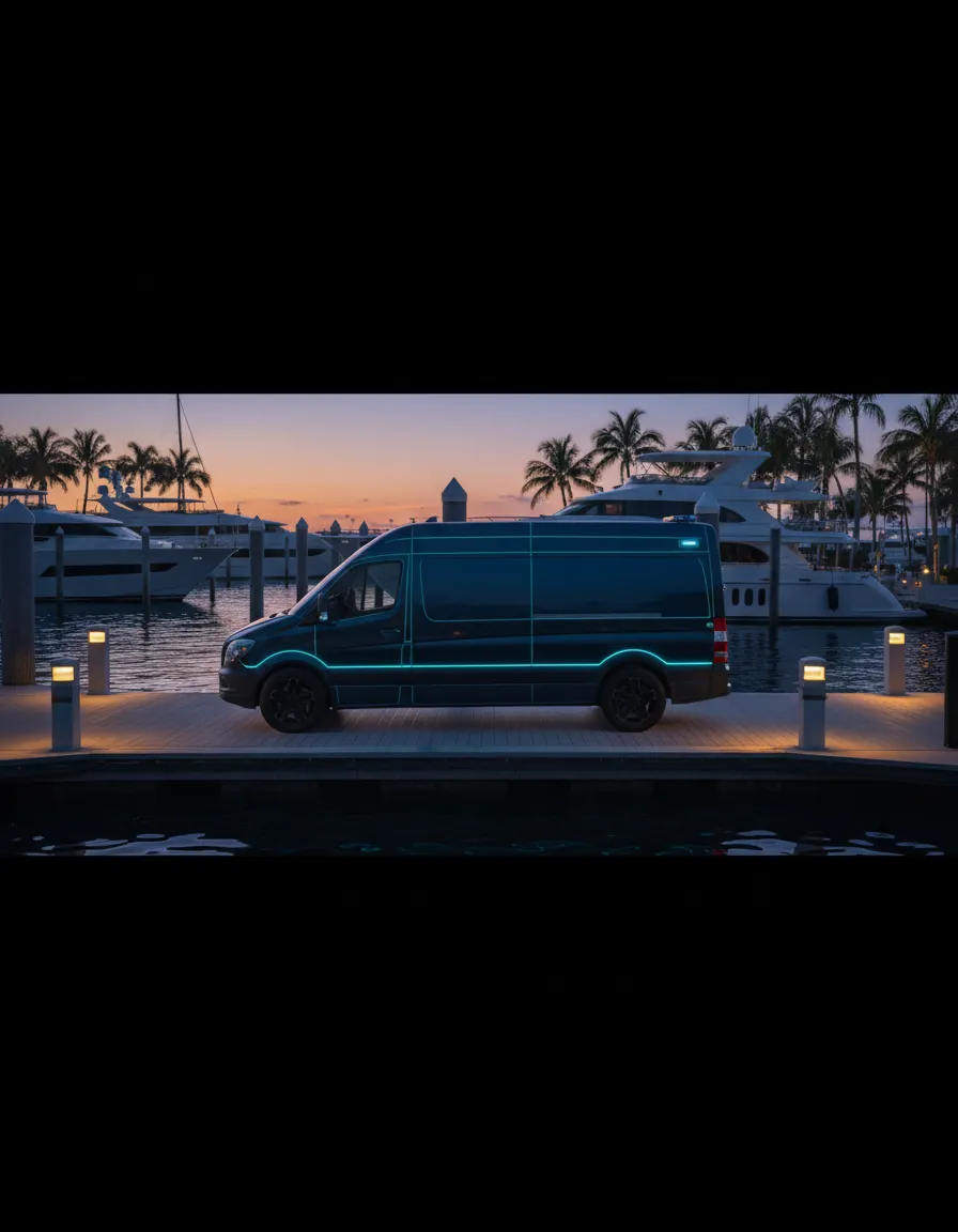 Service van arriving at a luxury marina at dusk