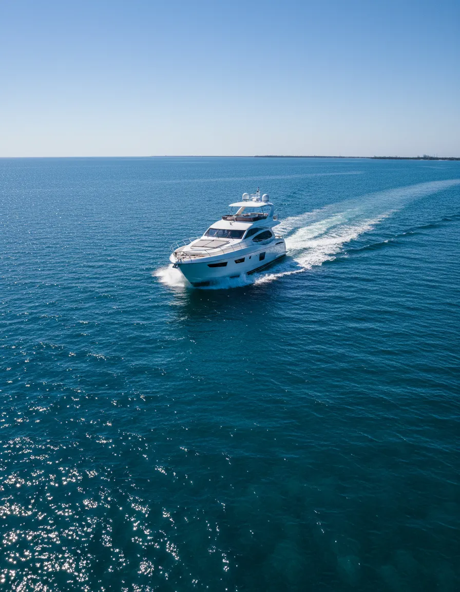 Wide shot of a yacht cruising smoothly in open water, symbolizing peace of mind