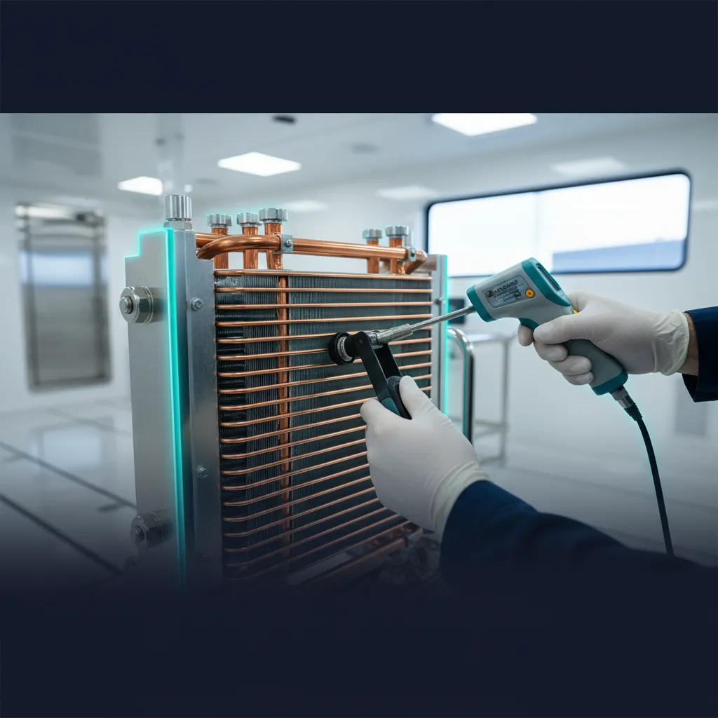 Close-up of clean AC coils being inspected with precision tools