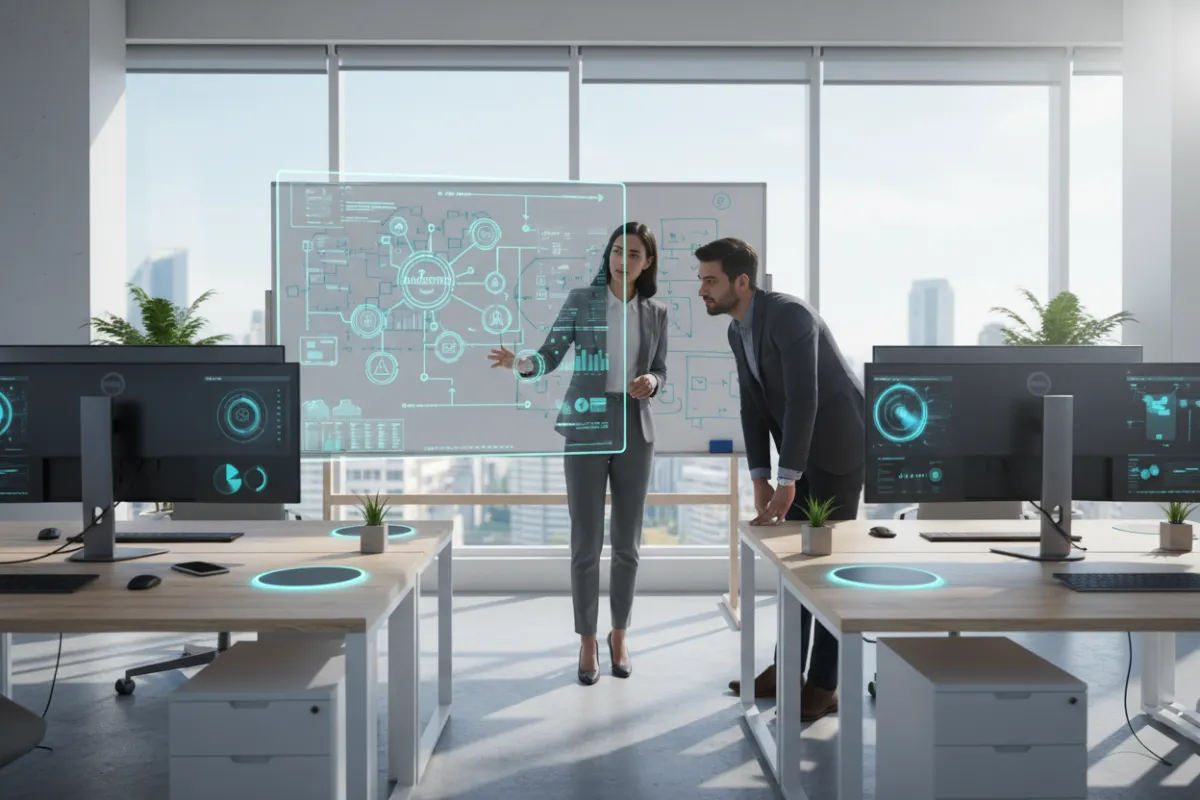 A consultant demonstrates workflow automation software to a business owner in a tech-enabled workspace. The scene includes digital devices, flowcharts on a whiteboard, and a collaborative, forward-thinking atmosphere.