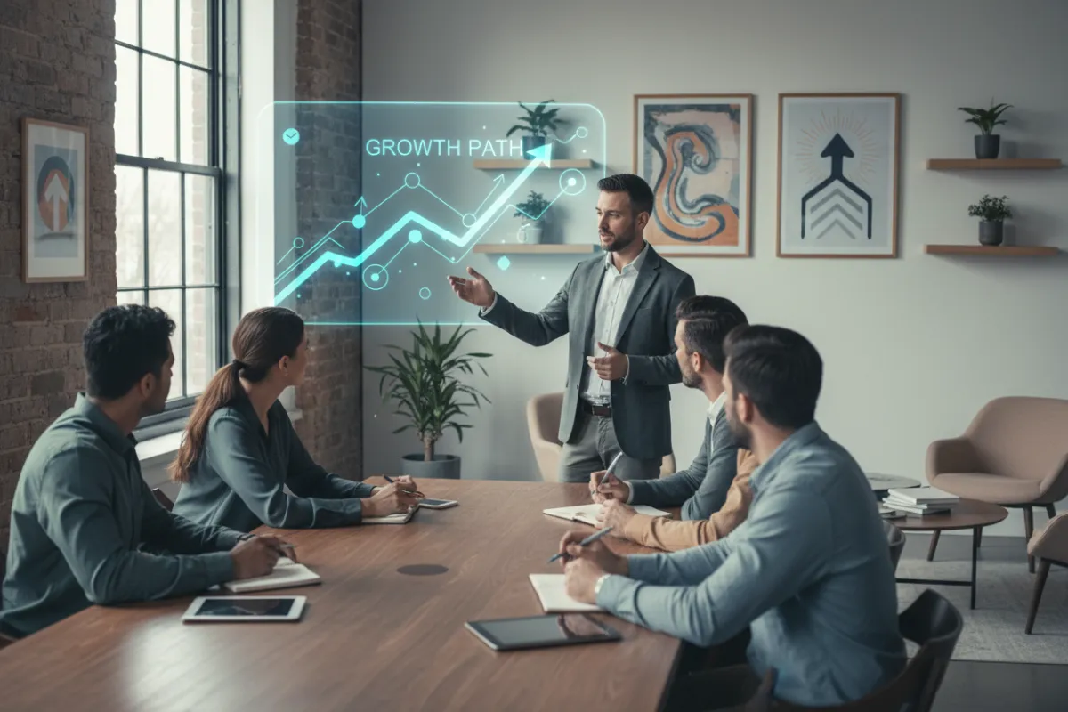 A business advisor presents a growth roadmap on a digital screen to a small group of entrepreneurs. The group is attentive, taking notes, and the environment is a modern co-working space with creative decor and motivational posters.