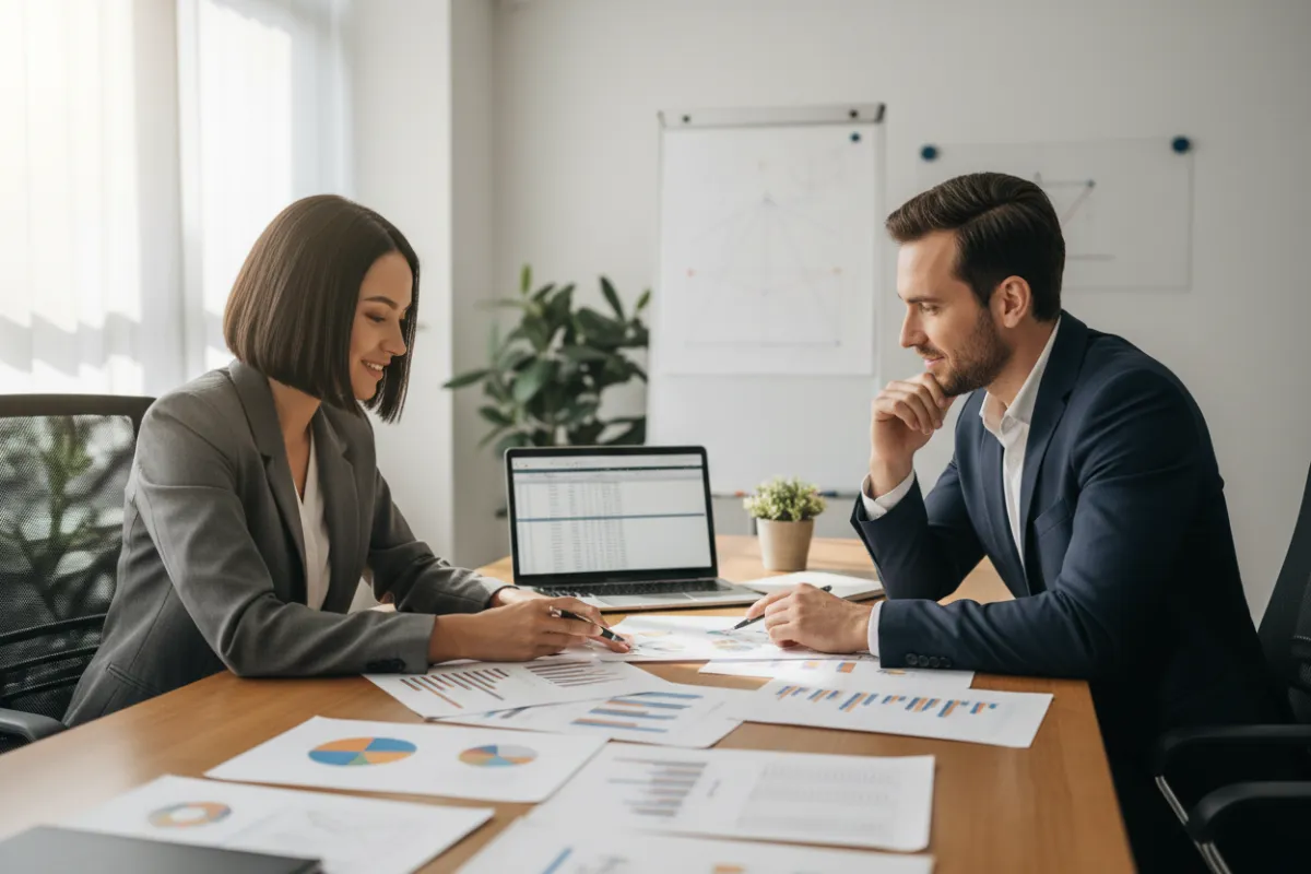 A female entrepreneur reviews a detailed business plan with a consultant in a bright office. The table is covered with charts, financial reports, and a laptop. The atmosphere is focused and supportive, with both individuals exchanging ideas and strategies.
