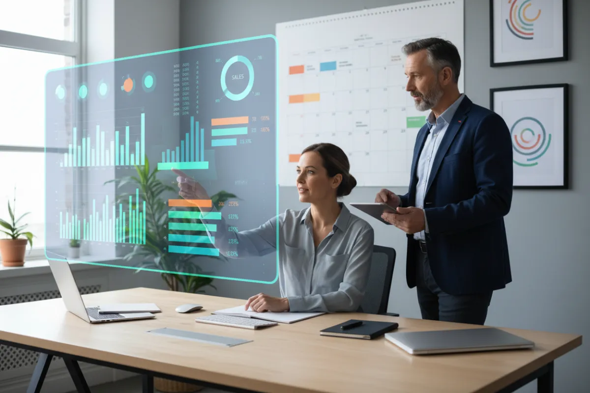 A small business owner updates a digital dashboard displaying key performance indicators, with a consultant offering guidance. The workspace is organized, with motivational quotes and a large wall calendar for tracking milestones.