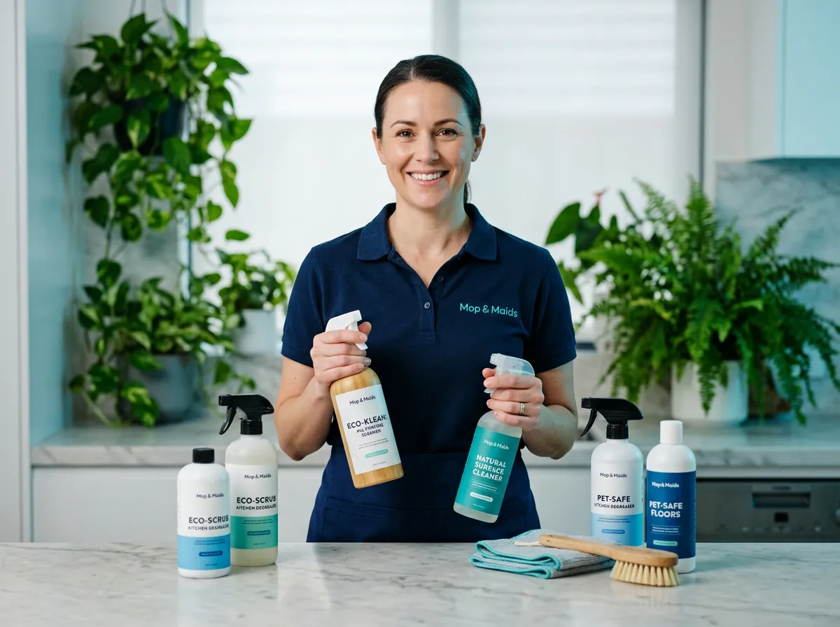 Uniformed trusted cleaning professional with pet-safe eco-friendly supplies