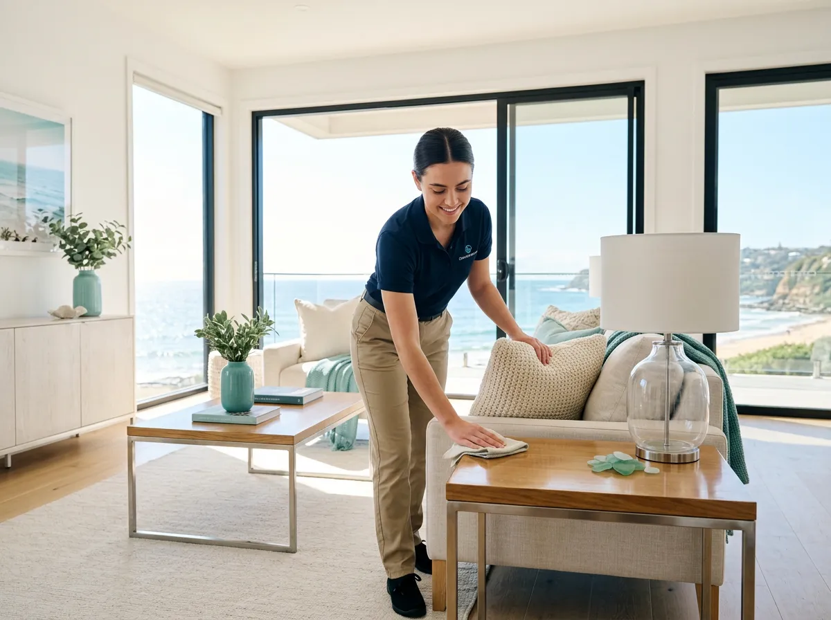 Professional cleaning technician providing meticulous home care in a bright coastal living room