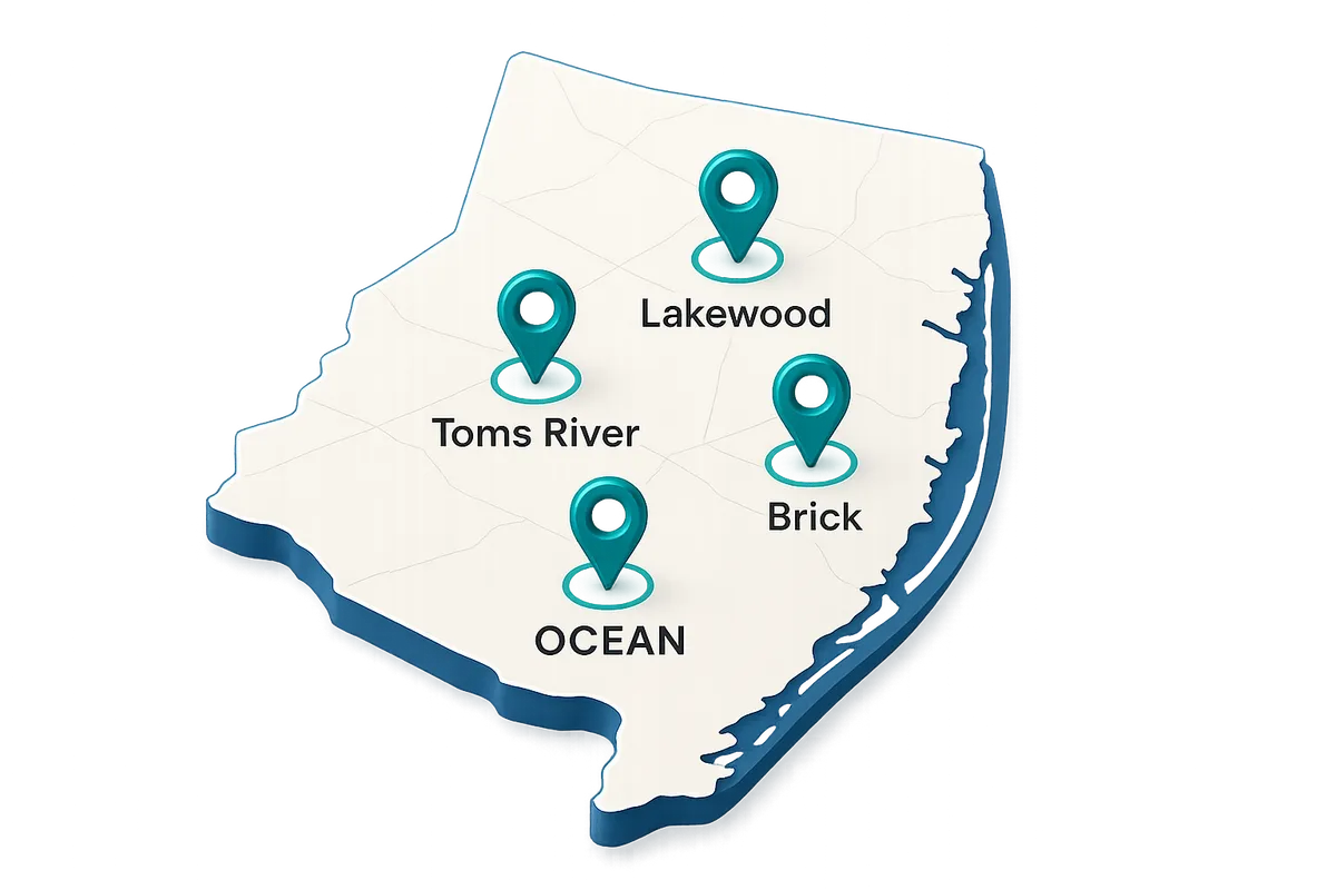 Stylized regional map of Ocean County NJ highlighting Lakewood, Toms River, Jackson, and Brick with teal service pins