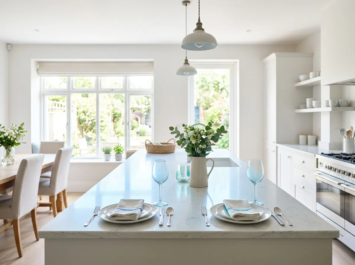 Spotless kitchen island and dining space maintained by custom recurring cleaning service
