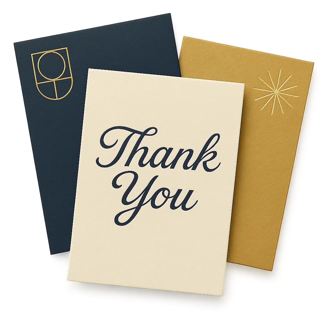 Three overlapping vector cards in Navy, Cream, and Gold textured paper effects with subtle foil stamping