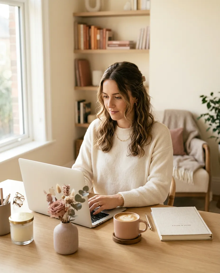 Warm editorial lifestyle photography with soft natural tones and elegant serene composition