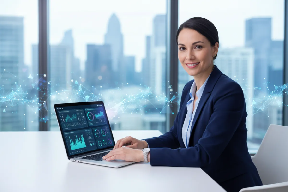Professional woman in a modern office, reviewing AI-driven sales dashboards on a laptop, with a confident, approachable demeanor. The background features subtle blue gradients and digital motifs, evoking innovation and trust. 3:2 aspect ratio.