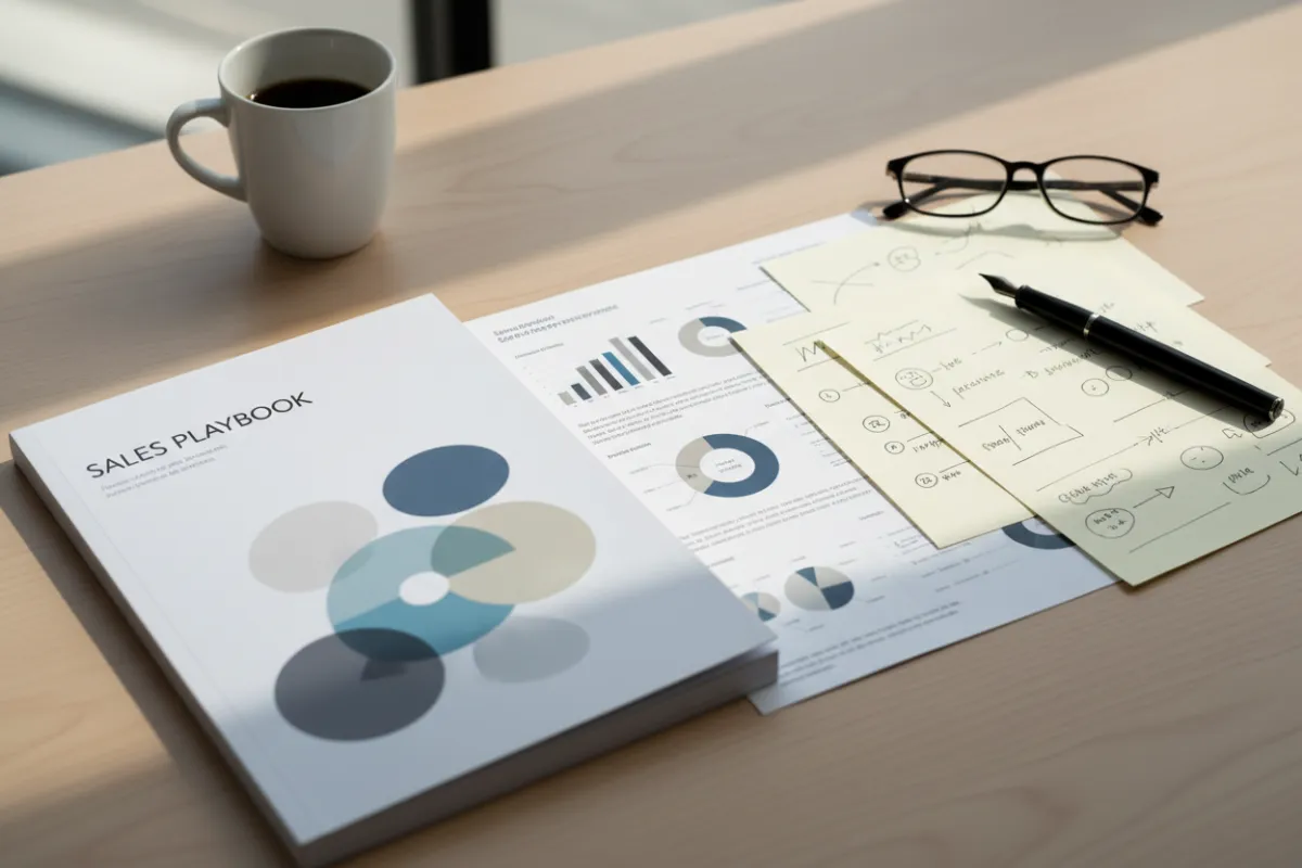A flat-lay of a sales playbook PDF and annotated notes on a desk, soft natural light, close-up perspective showing planning materials for SMEs, minimalistic editorial photography.